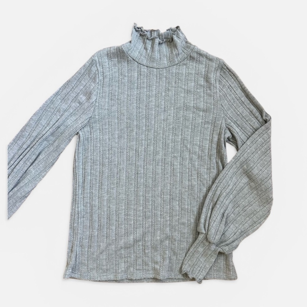 Essel Gray Ribbed Mock Neck Ruffle Trim Knit Top Long Sleeve Slim Fit M
